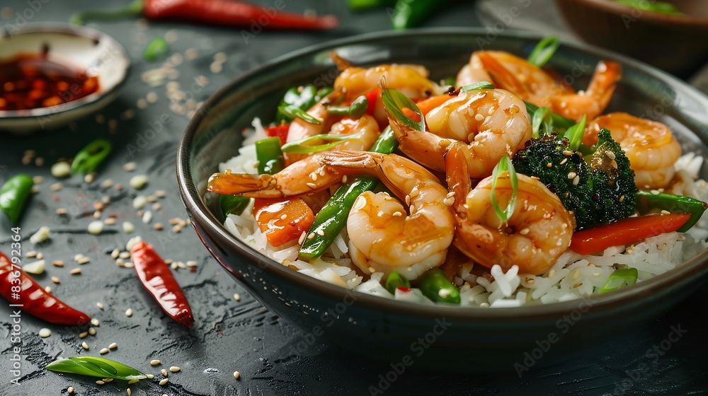 Shrimp stir-fry with mixed vegetables and soy sauce served over rice in a bowl. Shrimp stir-fry with mixed vegetables and soy sauce served over rice in a bowl.