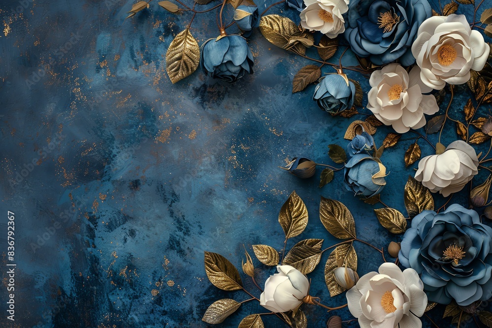 Fototapeta premium Luxurious floral border of blue and white roses with intricate gold detailing.