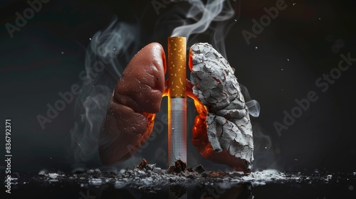 A cigarette is lit and is burning inside of a lung