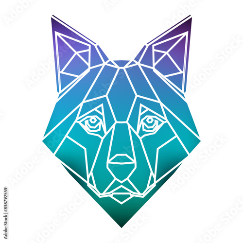 Geometric dog head with a white background, geometric gradient animal head. Vector art, sots art, low poly, cubo-futurism, sticker, cartoon avatar, animal logo, surreal design