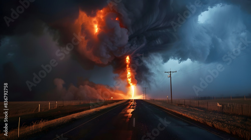 Storm, fire tornado in stormy gloomy weather. AI Generated
