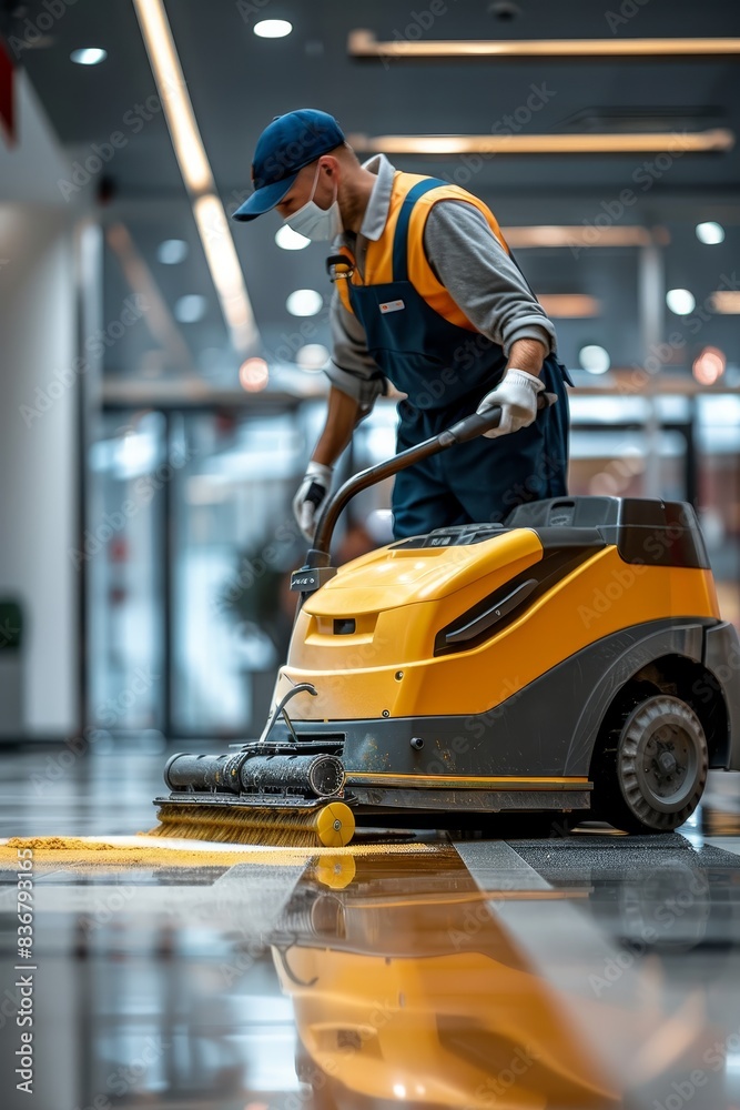 Janitor using floor scrubber indoors to clean stone or parquet floors. Janitor using floor scrubber indoors to clean stone or parquet floors.