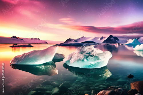 Landschaft mit bunten Nordlichtern im Eis photo