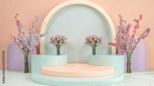 Elevate Your Product Showcase: Stunning Podium Design in Cherry Blossom Pink, Seafoam Green, Lavender Purple, Pale Turquoise, and Beige © 柳迪 付