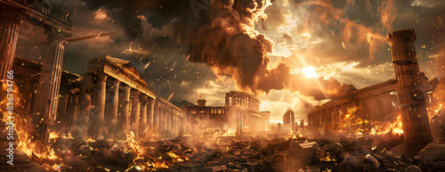 The scene is an epic battle between the gods and the titans. The sky is filled with fire and smoke as the two sides clash.