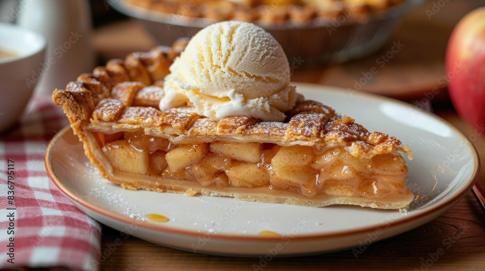 Classic Apple Pie Slice with Vanilla Ice Cream: Gingham Tablecloth Background with Copy Space Classic Apple Pie Slice with Vanilla Ice Cream: Gingham Tablecloth Background with Copy Space