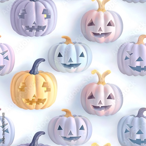 A seamless pattern showcasing pastel Halloween pumpkins with a three-dimensional effect, systematically aligned in rows against a white backdrop photo