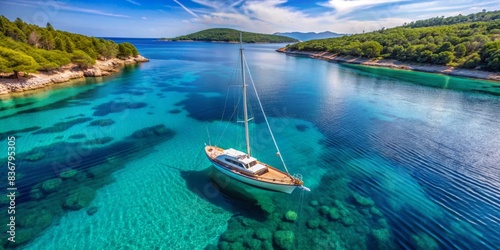 Aerial view of a luxurious sailing yacht gliding through crystal-clear waters in the Croatian sea on a sunny day, luxury, yacht, sailing, boat, aerial view, Croatia, sea, sunny day, travel photo