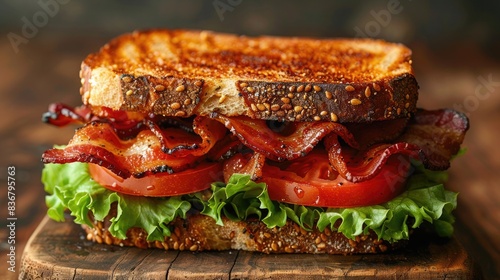 A classic BLT sandwich with crispy bacon, lettuce, and tomato, against a simple, neutral background with copy space