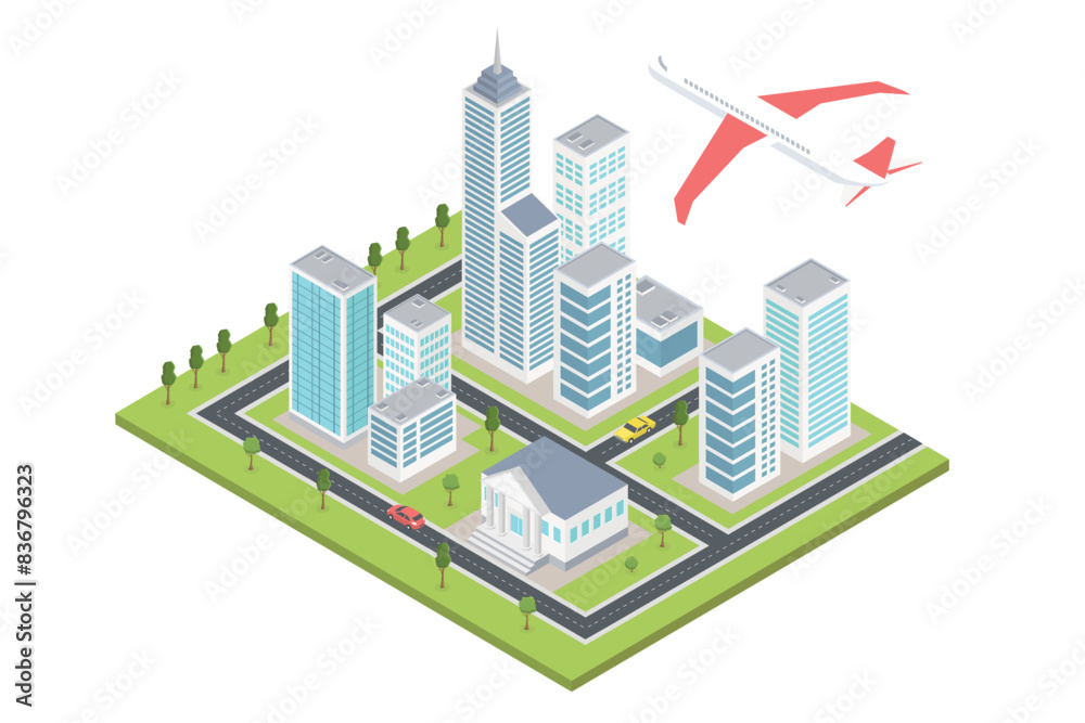 Smart city isometric illustration. Office buildings, business center, skyscrapers house, plane. Isometric street.