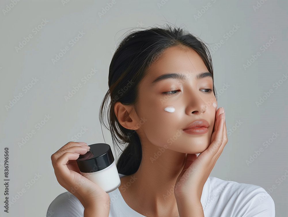 Hautpflegemodell, Online-Wellnessmodell. Gepflegte Frau verwendet Gesichtscreme, Getränk, feuchtigkeitsspendende Handcreme, Lippenbalsam, Lotion und Augenklappe. Hautpflege-Conditioner-Spenderbehälter Hautpflegemodell, Online-Wellnessmodell. Gepflegte Frau verwendet Gesichtscreme, Getränk, feuchtigkeitsspendende Handcreme, Lippenbalsam, Lotion und Augenklappe. Hautpflege-Conditioner-Spenderbehälter