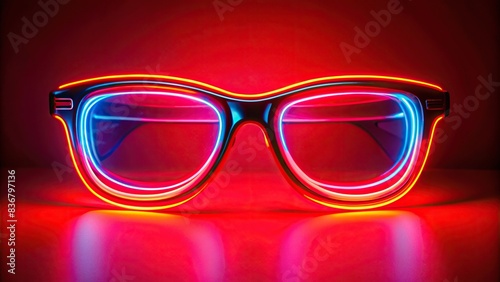 Stylish portrait of glowing neon glasses on red background photo