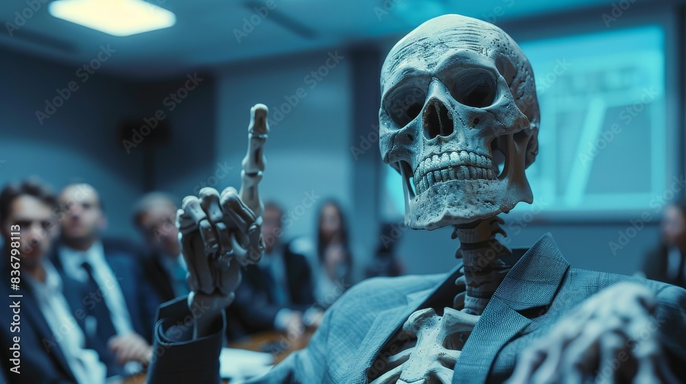 Fototapeta premium Skeleton in business suit giving a presentation in a conference room with colleagues