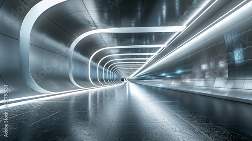 Futuristic tunnel with sleek design and neon lights creating a modern, sci-fi atmosphere. Perfect for technology and innovation concepts.