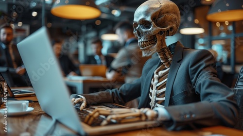Skeleton in business suit working on a laptop in a modern office environment