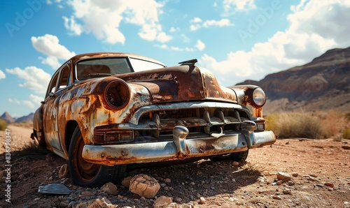 old classic wreck of retro vintage car left rusty ruined and damaged abandoned in the Sahara desert for aftermath apocalyptical and lost forgotten concepts as copyspace  Generative AI