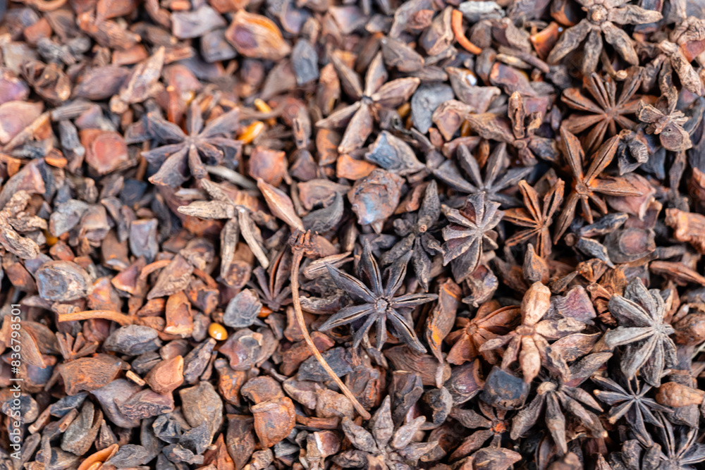 A closeup view of abundant star anise pods A closeup view of abundant star anise pods