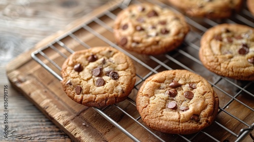 Freshly Baked Chocolate Chip Cookie on Cooling Rack: Light Wooden Background with Copy Space © Ummeya