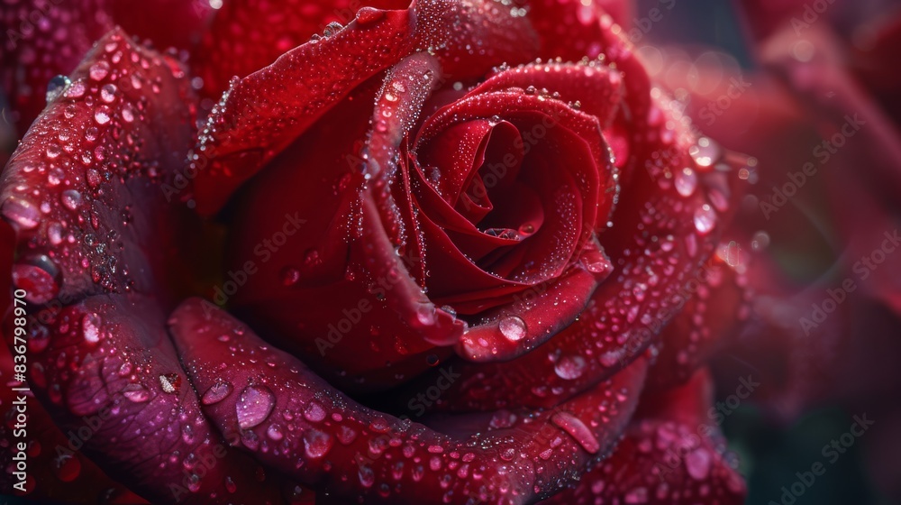 A closeup view captures the stunning beauty of nature in vibrant red rose petals, adorned with dew drops. This macro photography reveals the delicate and romantic side of botanical wonders A closeup view captures the stunning beauty of nature in vibrant red rose petals, adorned with dew drops. This macro photography reveals the delicate and romantic side of botanical wonders