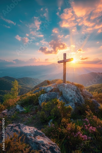 Mountain peak with cross at sunset