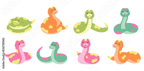 Set of cute cartoon multicolored snake characters isolated on white background. Vector illustration