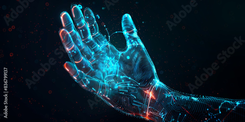 Digital hand hologram on dark background. Neural network connection. Communication with artificial intelligence.