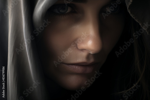 Close-Up of Somber Woman in Dark Hooded Cloak with Intense Expression