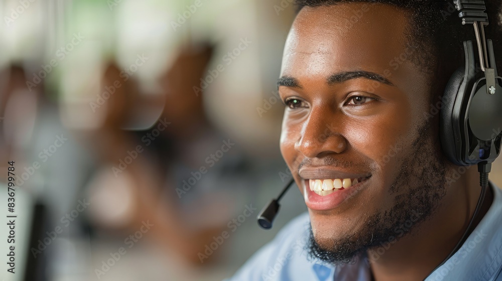 Businessman with a headset, speaking during a conference call Businessman with a headset, speaking during a conference call