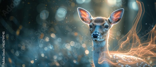 A gentle deer surrounded by soft, luminous curves of mystical light. photo