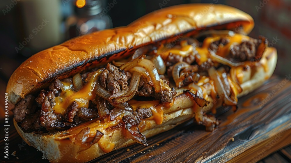 A freshly made Philly cheesesteak with melted cheese and sautéed onions, set against an urban background with copy space A freshly made Philly cheesesteak with melted cheese and sautéed onions, set against an urban background with copy space