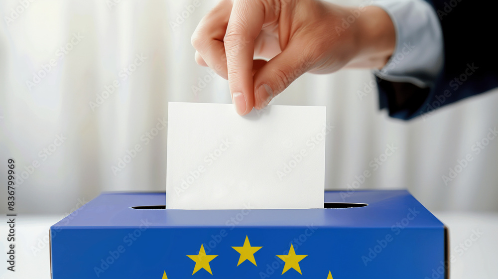 ballot box in EU colors on a white background with a hand throwing a beluten ballot box in EU colors on a white background with a hand throwing a beluten