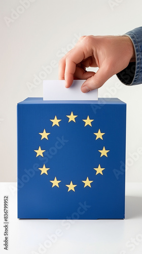 ballot box in EU colors on a white background with a hand throwing a beluten