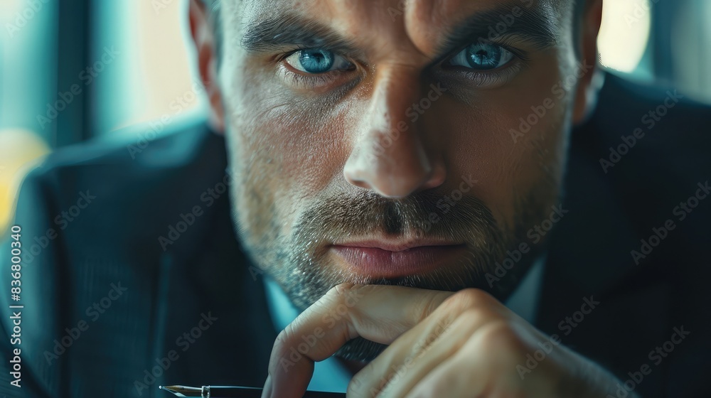 Businessman with a thoughtful expression, pen in hand Businessman with a thoughtful expression, pen in hand