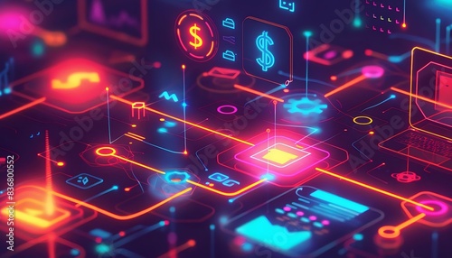 affiliate marketing network with interconnected nodes, currency symbols, laptops, mobile devices, and arrows indicating traffic flow. web banners and social media.
