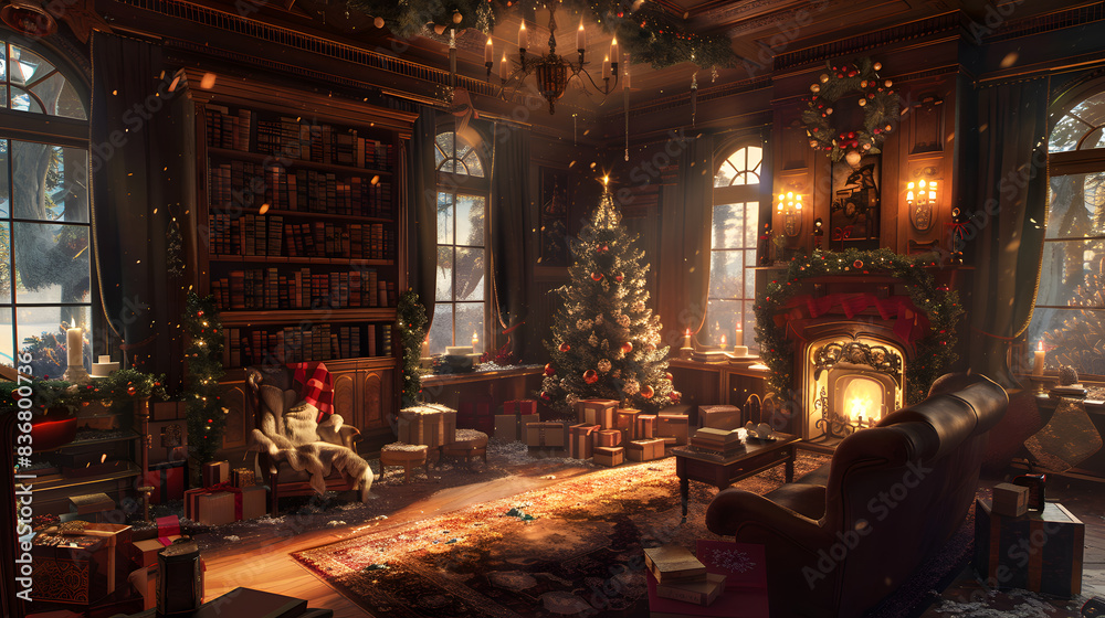 Beautiful Christmas interior with fireplace, Christmas tree and interior elements. AI Generated