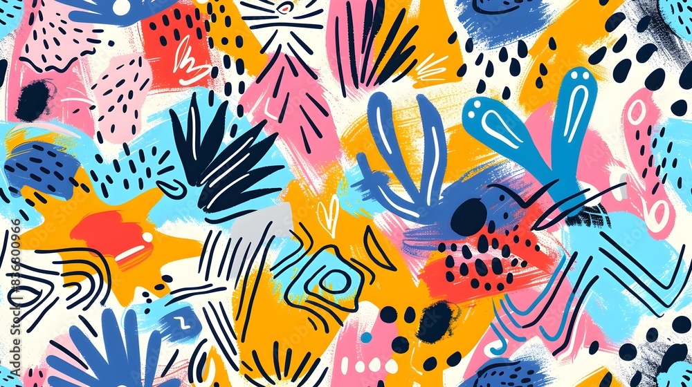 Fototapeta premium Playful and Energetic Seamless Pattern with Vibrant Cartoonish Doodles and Shapes