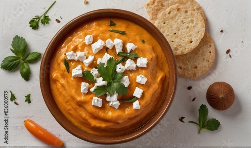 a bowl of Greek organge Kopanisti Dip on white background photo