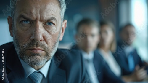 Businessman's face showing determination in a meeting