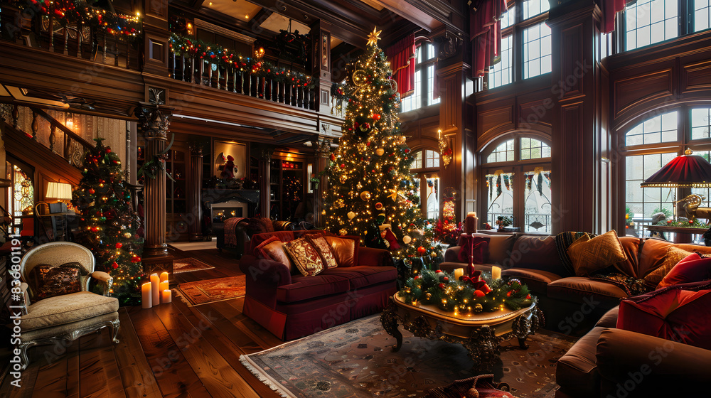 Beautiful Christmas interior with fireplace, Christmas tree and interior elements. AI Generated Beautiful Christmas interior with fireplace, Christmas tree and interior elements. AI Generated