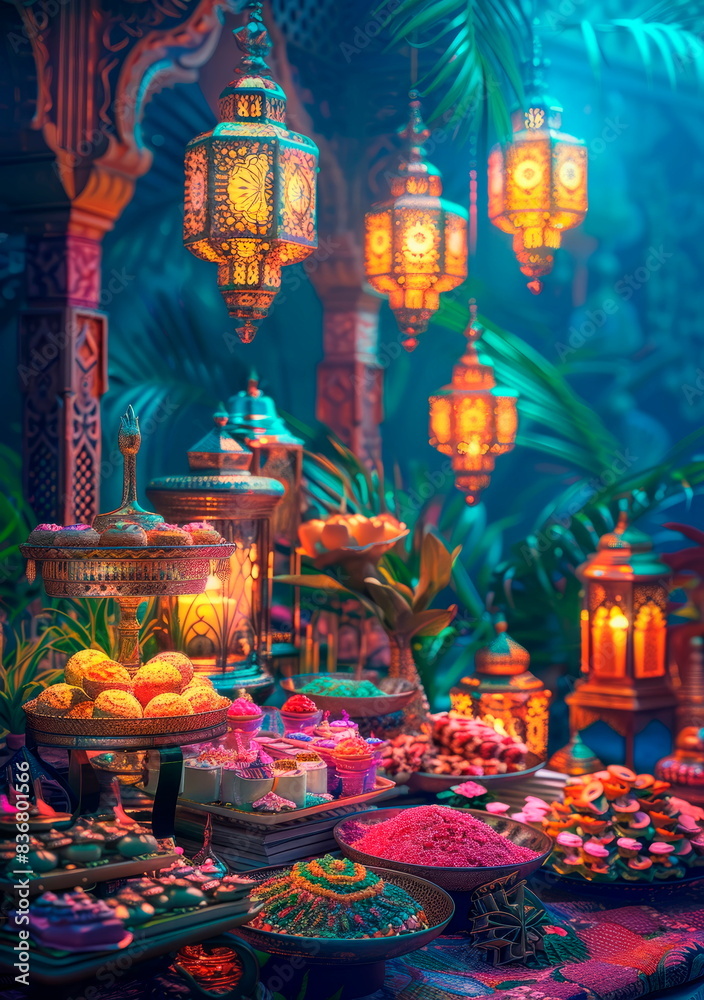 Fototapeta premium A festival bazaar with colorful lanterns, sweets, and other Eid decorations.