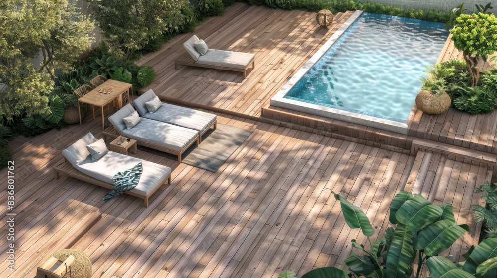 Fototapeta premium Modern Backyard with Pool and Lush Greenery