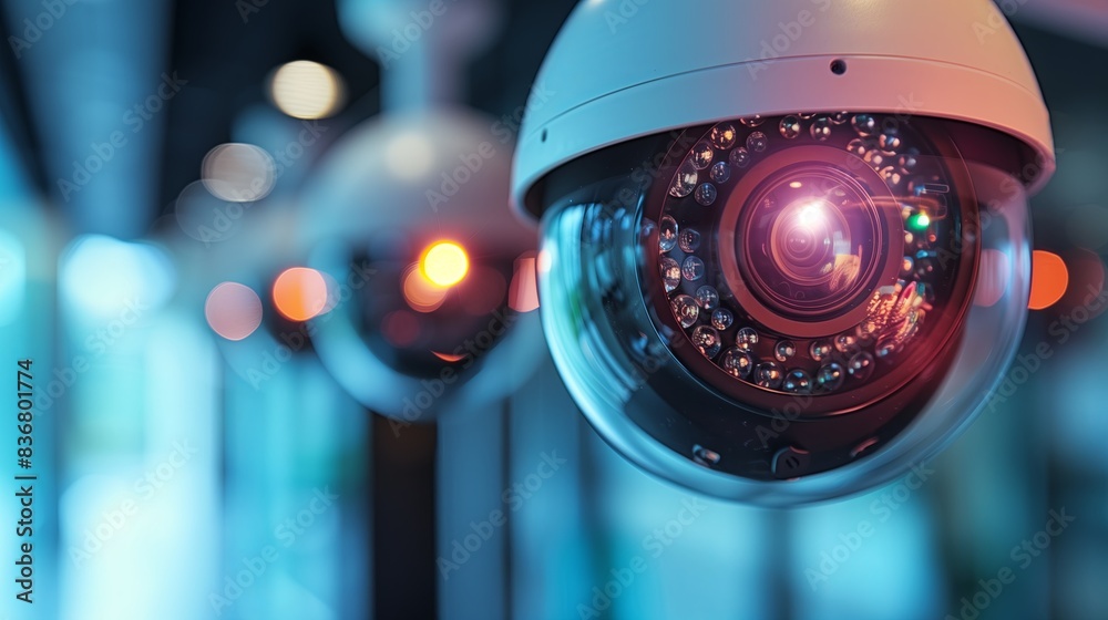 A close-up shot of a security camera lens, positioned within a modern environment. The camera captures a blurred background, highlighting the watchful eye of technology in our daily lives A close-up shot of a security camera lens, positioned within a modern environment. The camera captures a blurred background, highlighting the watchful eye of technology in our daily lives
