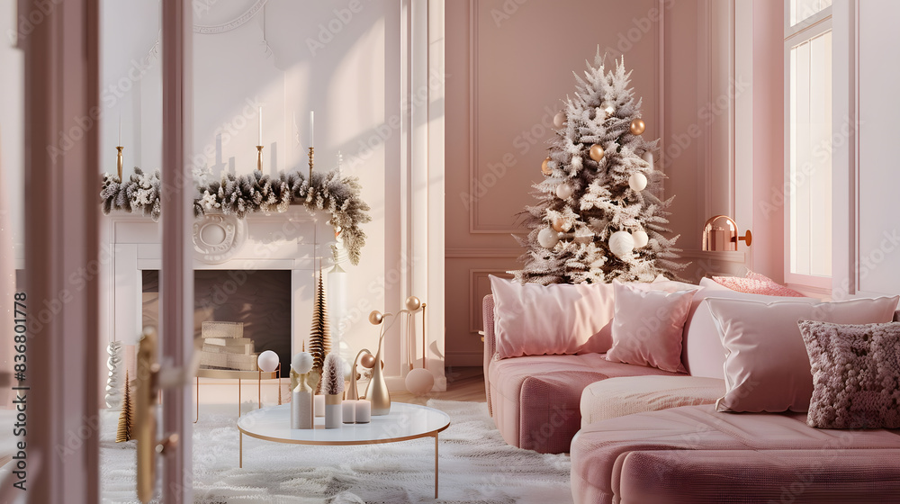 Fototapeta premium Beautiful Christmas interior with fireplace, Christmas tree and interior elements. AI Generated
