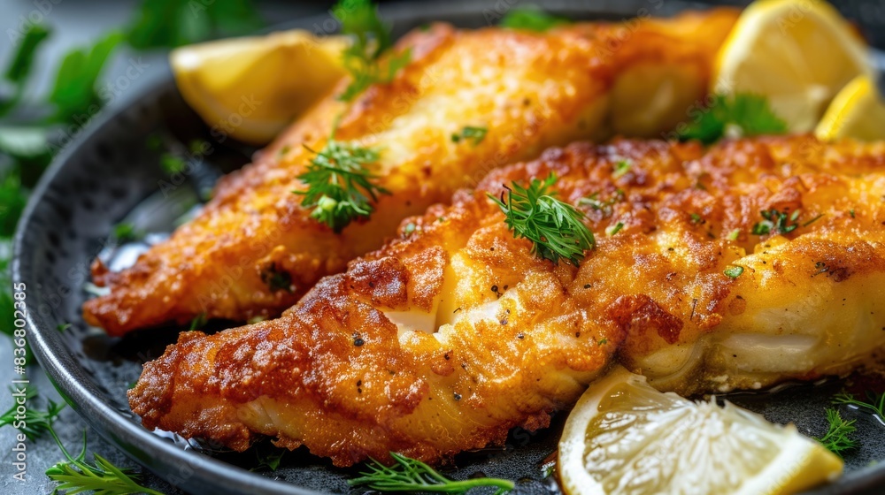 Fried fish fillets with lemon wedges on black plate. Fried fish fillets with lemon wedges on black plate.