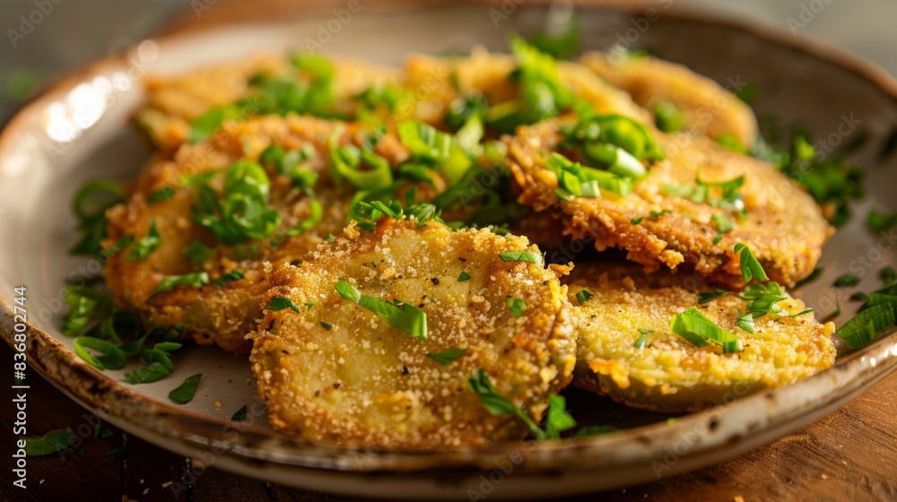 Golden Breaded Zucchini Slices on Baking Tray. Fried Green Tomatoes Golden Breaded Zucchini Slices on Baking Tray. Fried Green Tomatoes