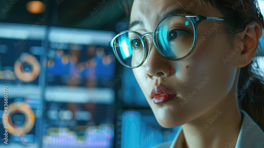 Businesswoman's face focused intently on a presentation slide Businesswoman's face focused intently on a presentation slide