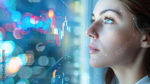 Businesswoman's face focused intently on a presentation slide