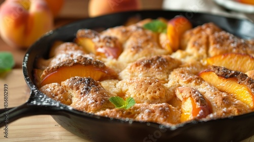 Peach Cobbler in Cast Iron Skillet on Wooden Background
