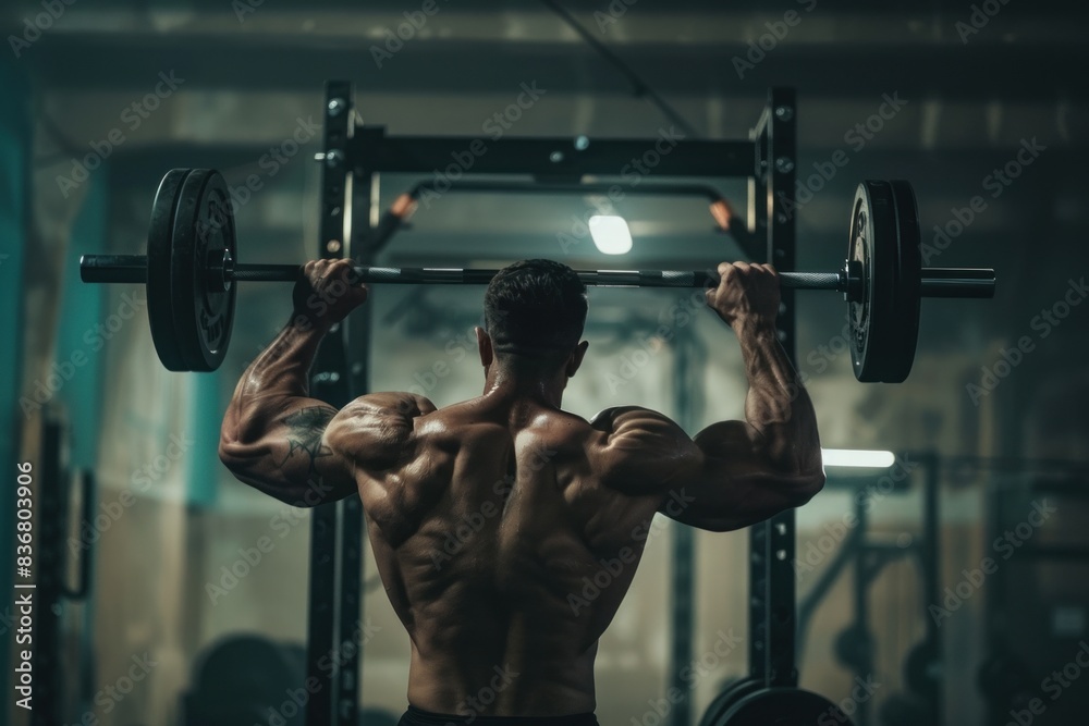 Muscular man shows strength and determination while lifting a heavy barbell in a dimly lit gym, highlighting dedication to fitness and bodybuilding Muscular man shows strength and determination while lifting a heavy barbell in a dimly lit gym, highlighting dedication to fitness and bodybuilding