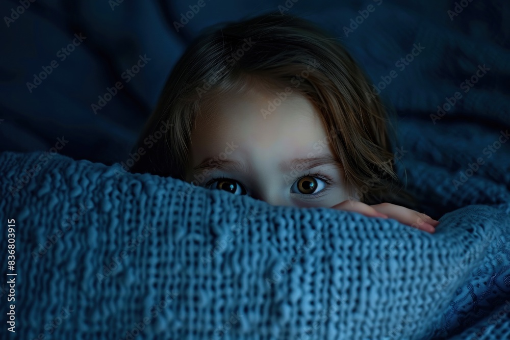 Young child is half-covered by a blue blanket in a dimly lit room, eyes wide with a mix of curiosity and fear, symbolizing innocence and vulnerability Young child is half-covered by a blue blanket in a dimly lit room, eyes wide with a mix of curiosity and fear, symbolizing innocence and vulnerability